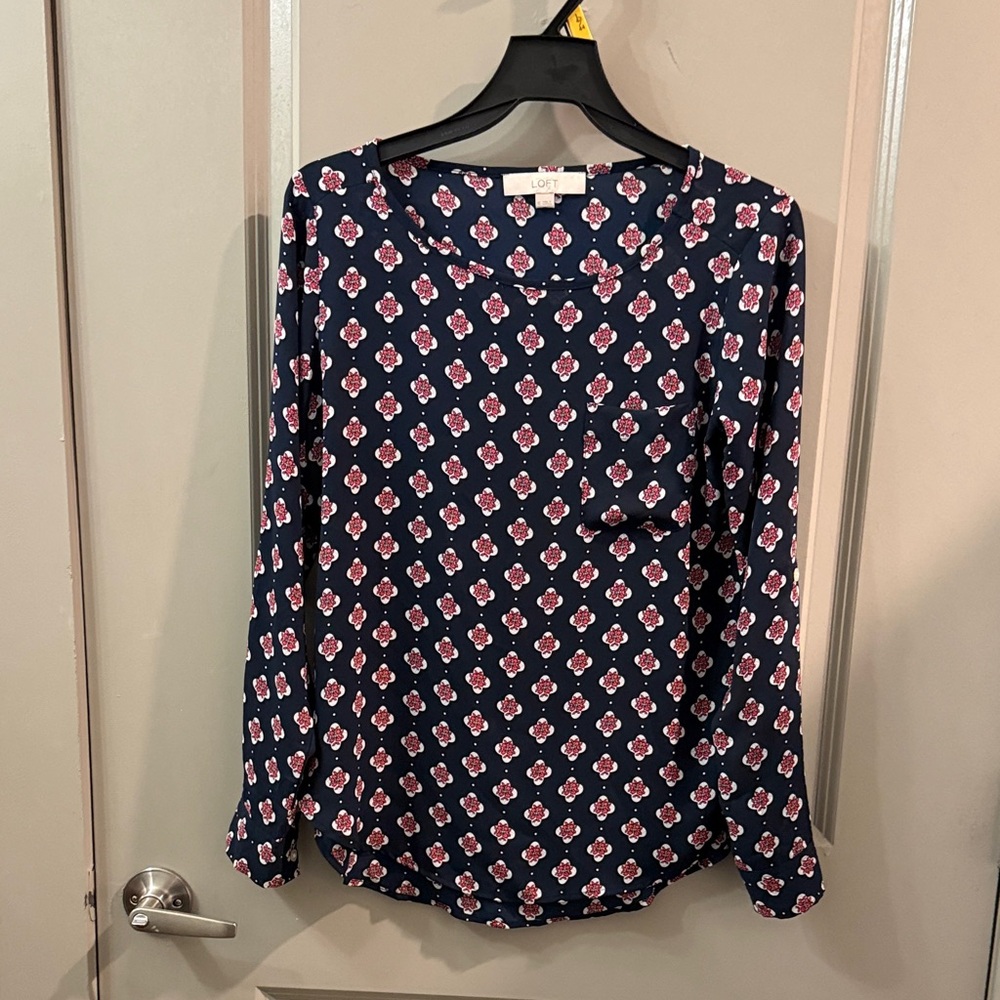 LOFT Navy and Pink Floral Long Sleeve Top